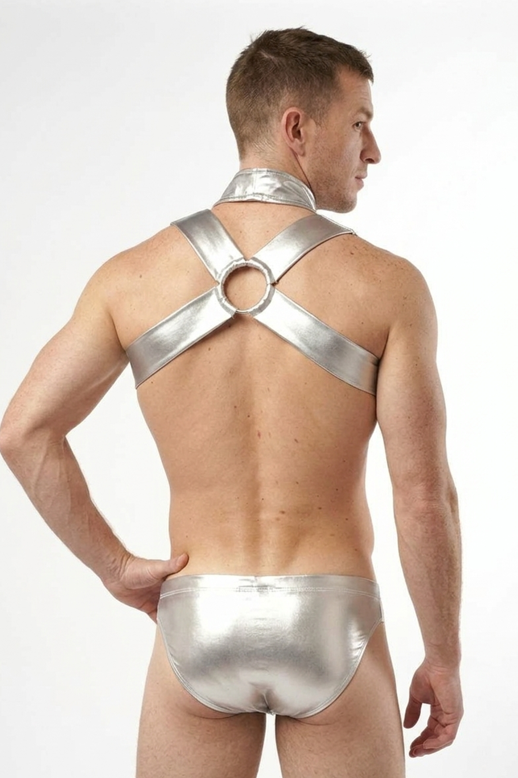Joylgbt Men's Silver Metallic PU Cropped Zip Vest Set