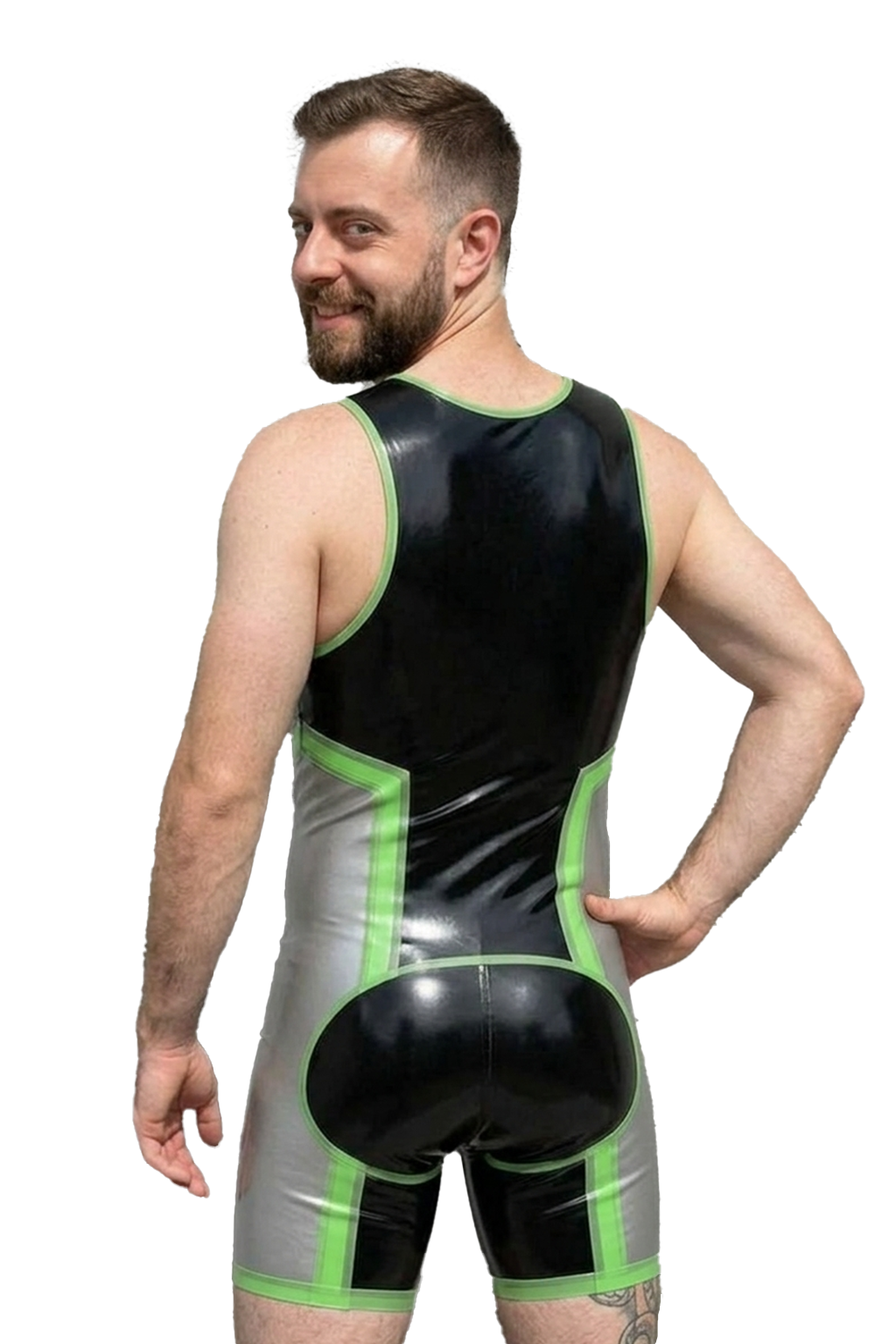 Joylgbt Men's Black & Silver Color-Block PU One-Piece Short Bodysuit