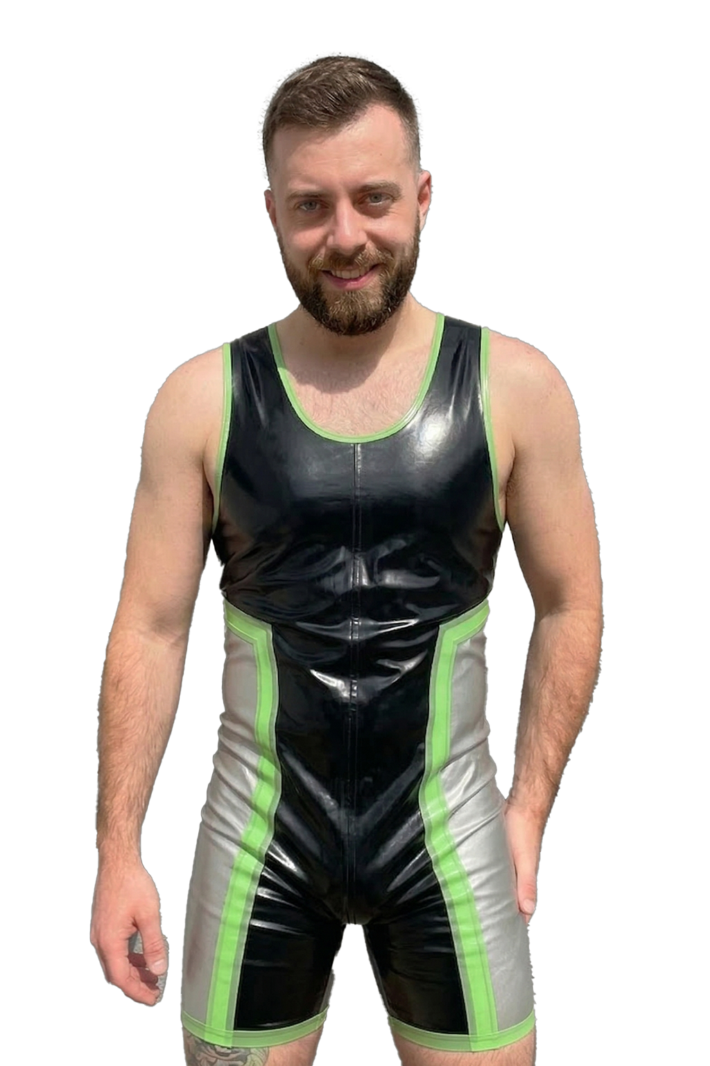 Joylgbt Men's Black & Silver Color-Block PU One-Piece Short Bodysuit