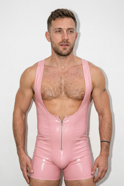 Joylgbt Men's Pink Faux Leather Deep V-Neck Zip-Up Bodysuit