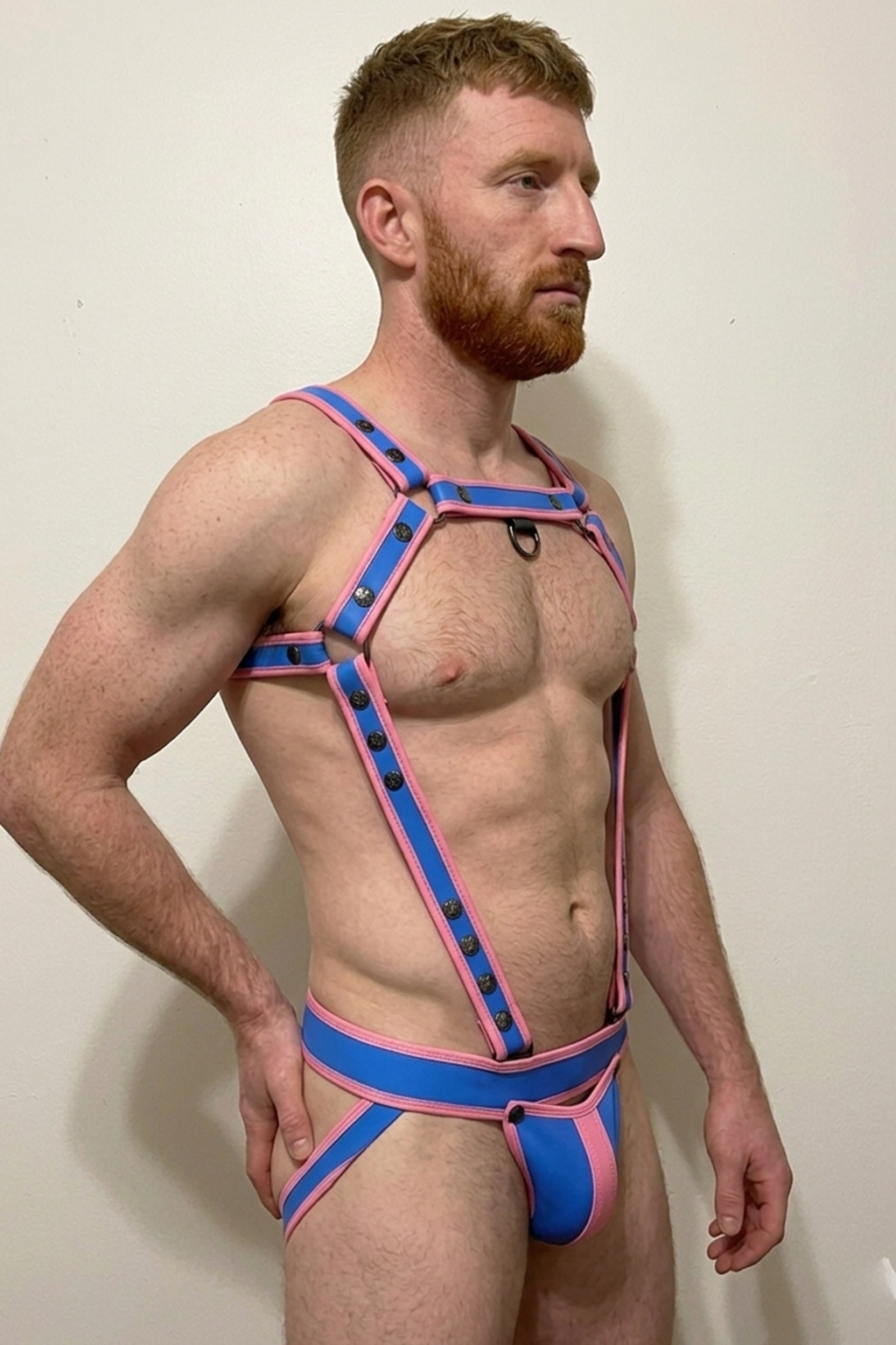Joylgbt Men's Blue & Pink Contrast Faux Leather Rivet Harness and Thong Set
