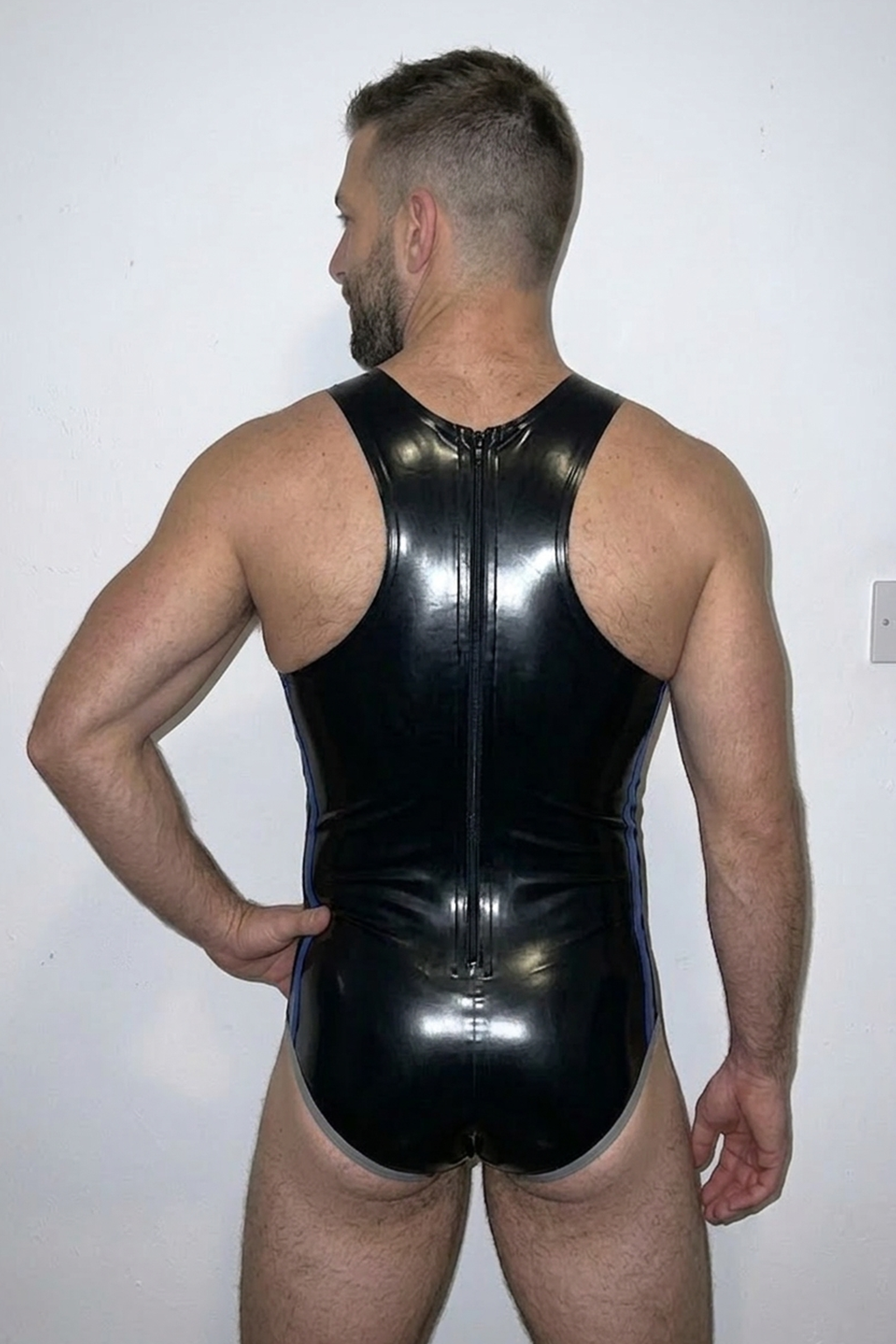 Joylgbt Men's Black & Blue Striped Latex-Look Wrestling Singlet Bodysuit