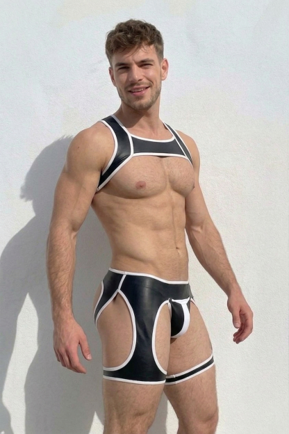 Joylgbt Men's Black & White Trim Faux Leather Harness Top & Cutout Thong Set