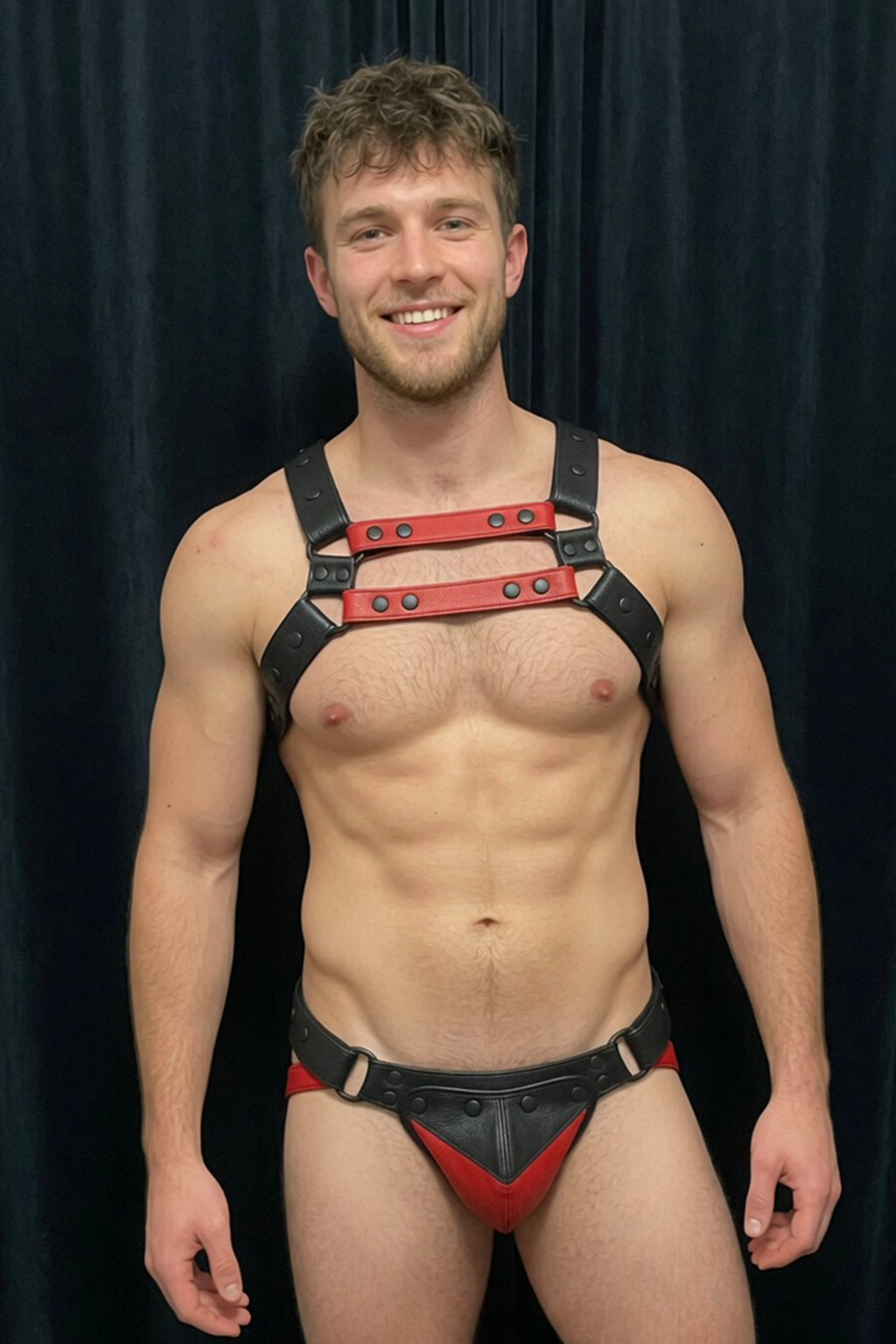 Joylgbt Men's Red & Black Double-Bar Chest Harness Brief Set