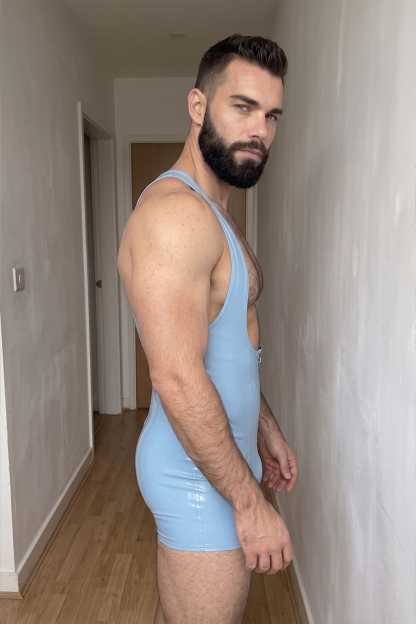 Joylgbt's Men's Glossy Sky Blue Bodysuit | Open-Back Wrestling Leotard
