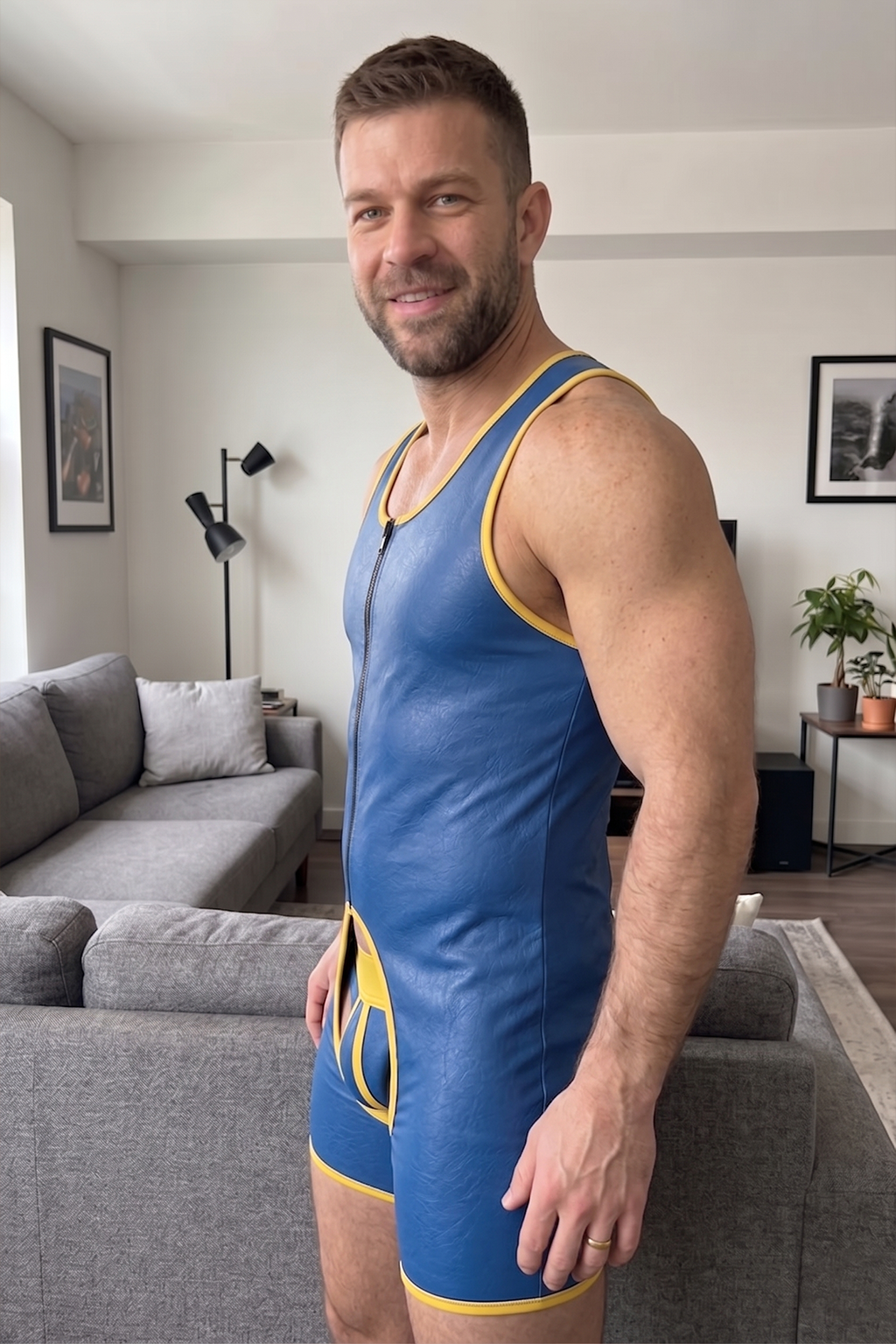 Joylgbt Men’s "Circuit" Matte PV Leather Sleeveless Singlet – Cobalt Blue & Volt Yellow