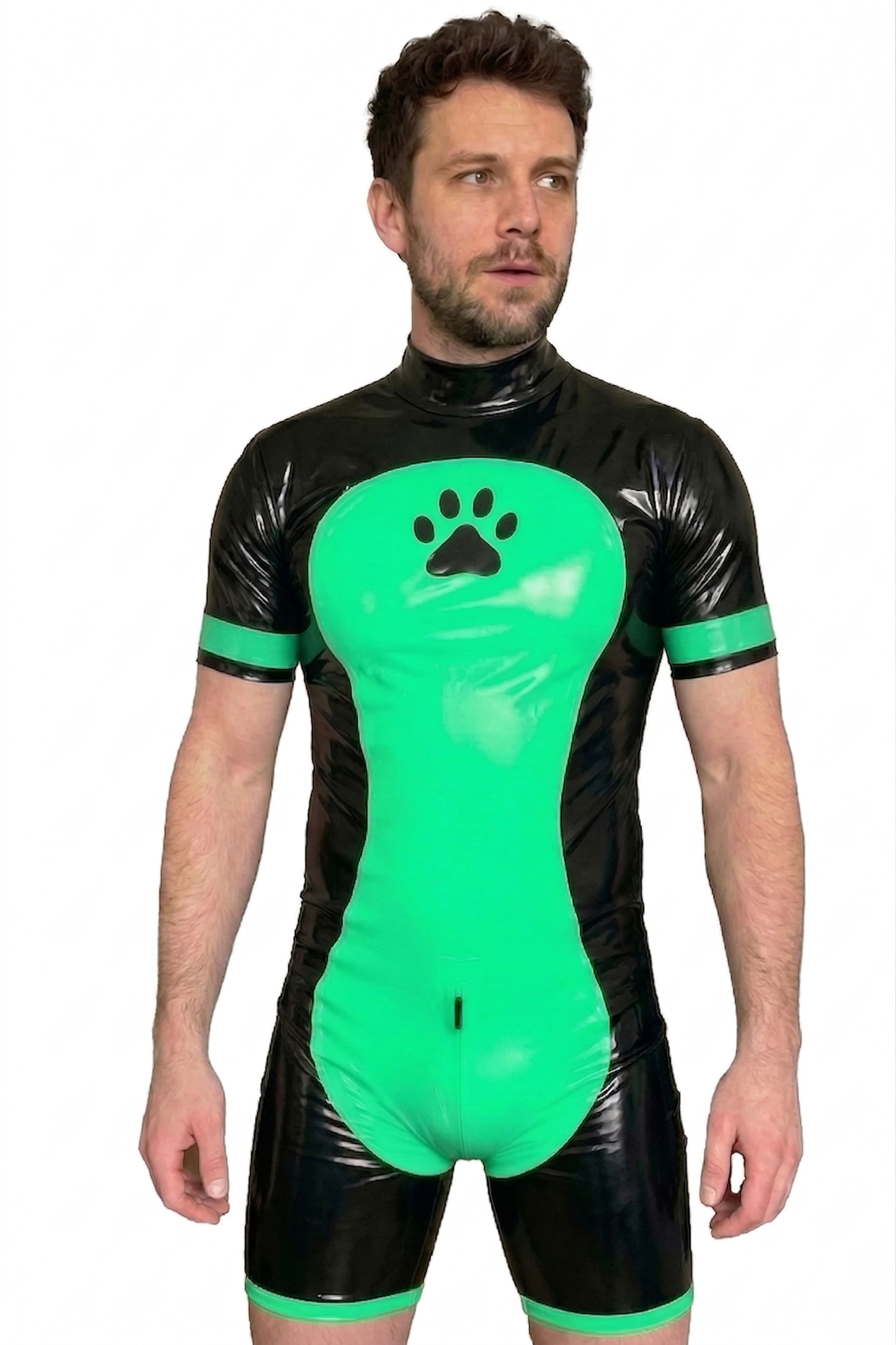 Joylgbt Men's Black & Neon Green High-Gloss PU Short-Sleeve Bodysuit 
