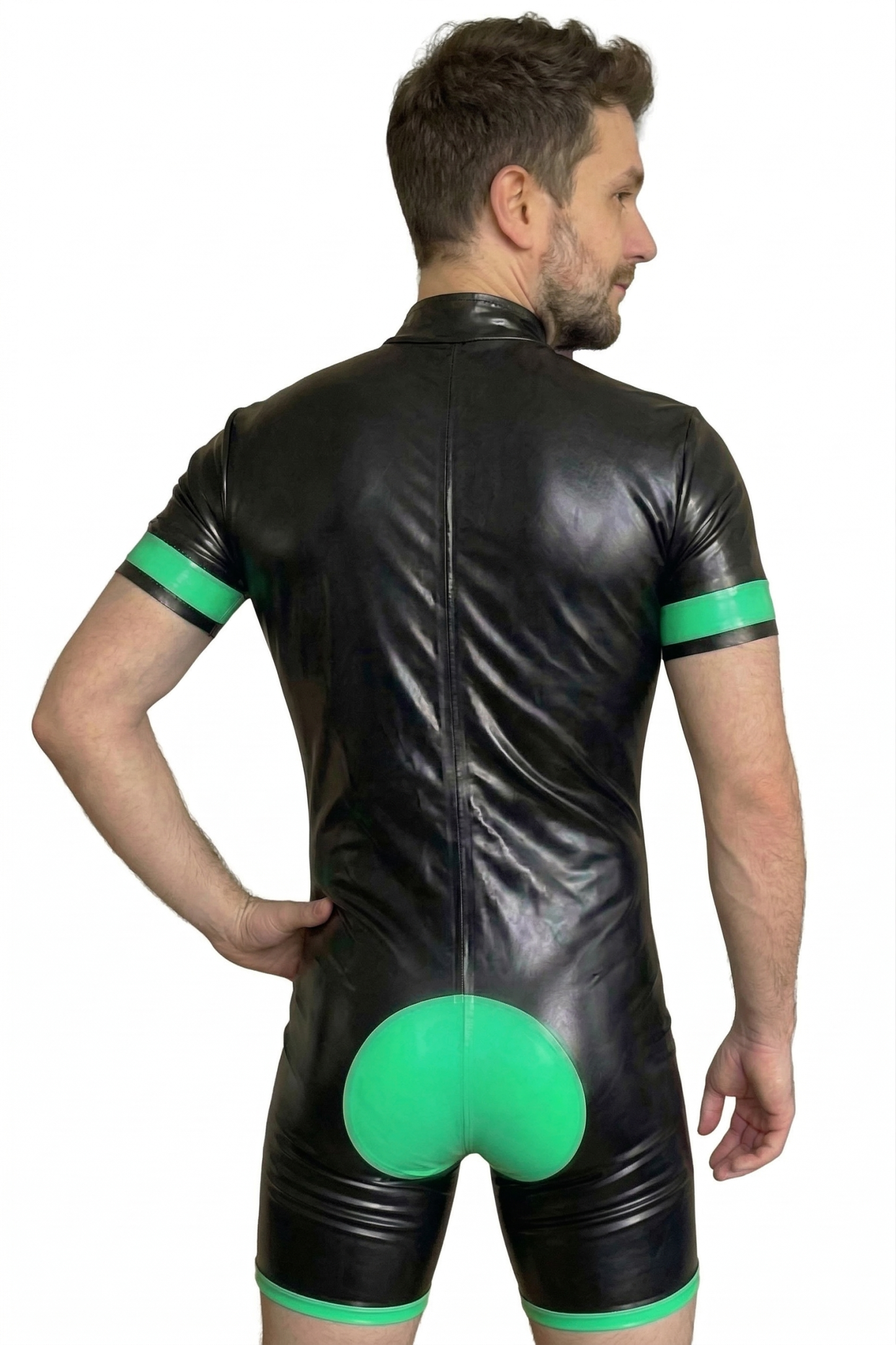 Joylgbt Men's Black & Neon Green High-Gloss PU Short-Sleeve Bodysuit 
