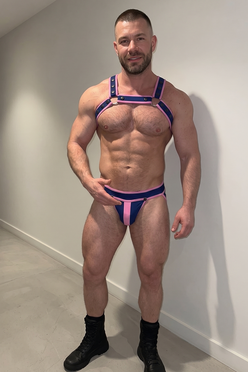 Joylgbt Men's Navy & Pink PU Chest Harness Set