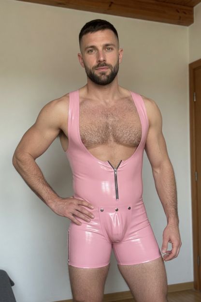 Joylgbt Men’s Glossy Latex-Look Singlet Romper Shorts