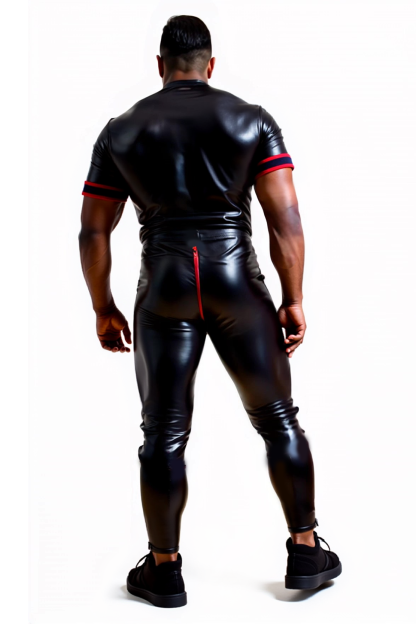 Joylgbt Men's Shiny Black Faux Leather Jumpsuit with Red Trim