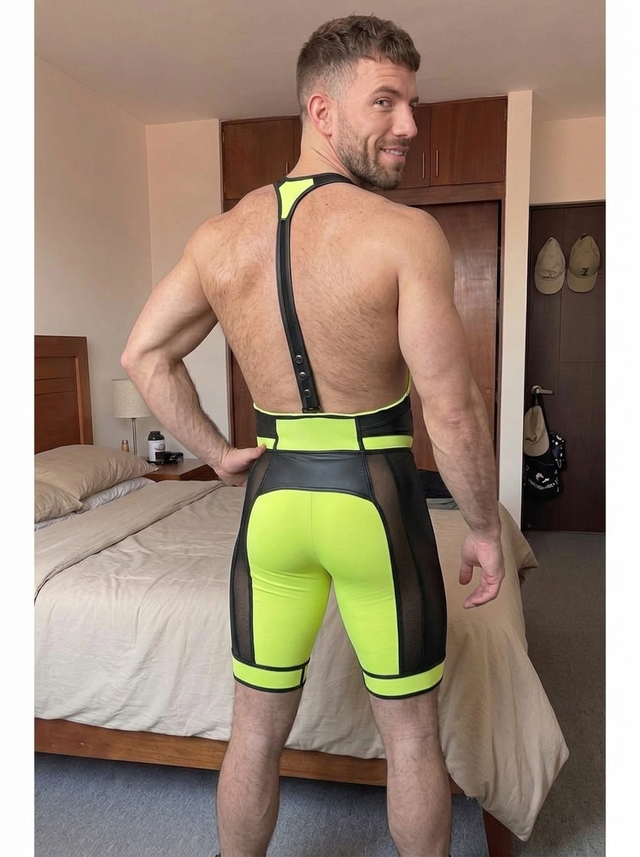 Joylgbt‘s Men’s Neon PU Leather Singlet - Athletic Mesh Leotard