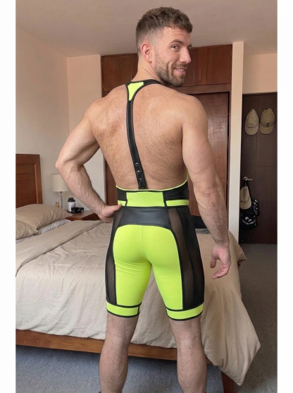 Joylgbt‘s Men’s Neon PU Leather Singlet - Athletic Mesh Leotard