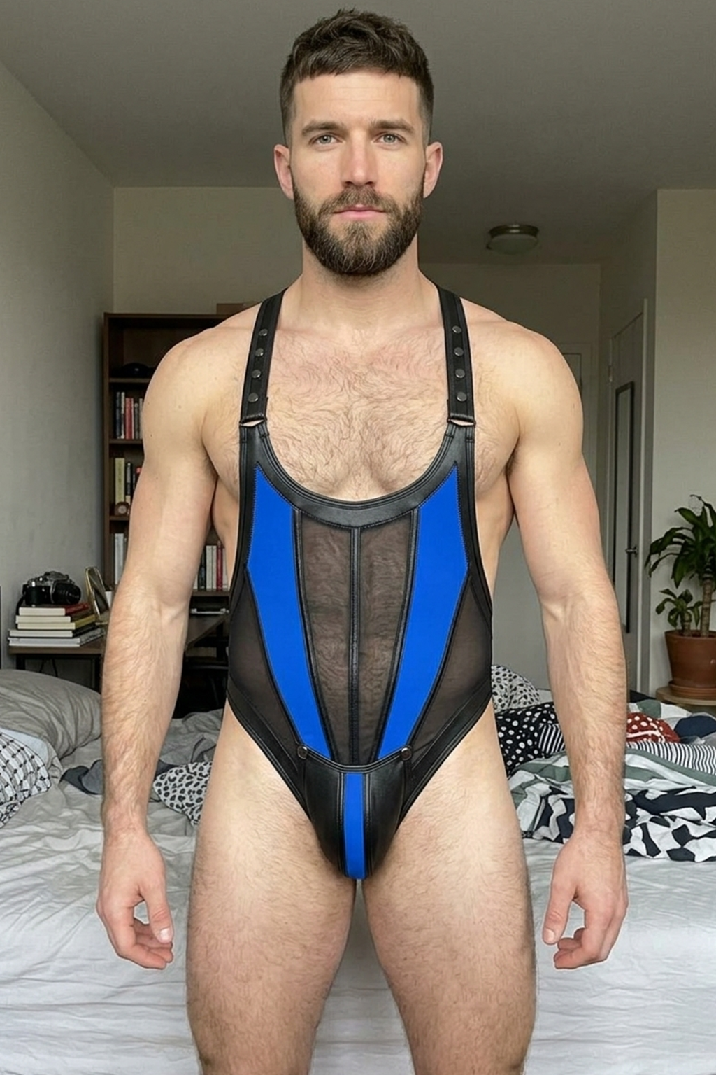 Joylgbt Men's Black & Blue PU + Mesh One-Piece Singlet