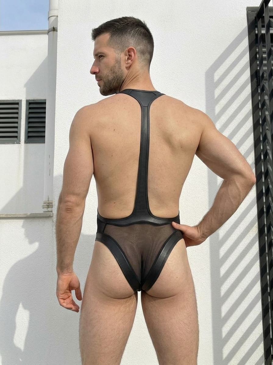 Joylgbt Men's Black & Blue PU + Mesh One-Piece Singlet
