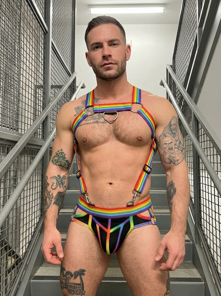 Joylgbt Men’s Rainbow Strap Harness Set with Metal Rings | D-Ring Detail
