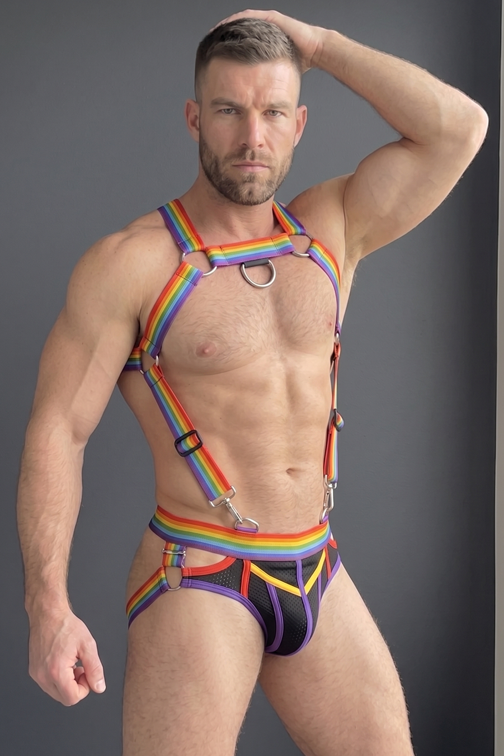 Joylgbt Men’s Rainbow Strap Harness Set with Metal Rings