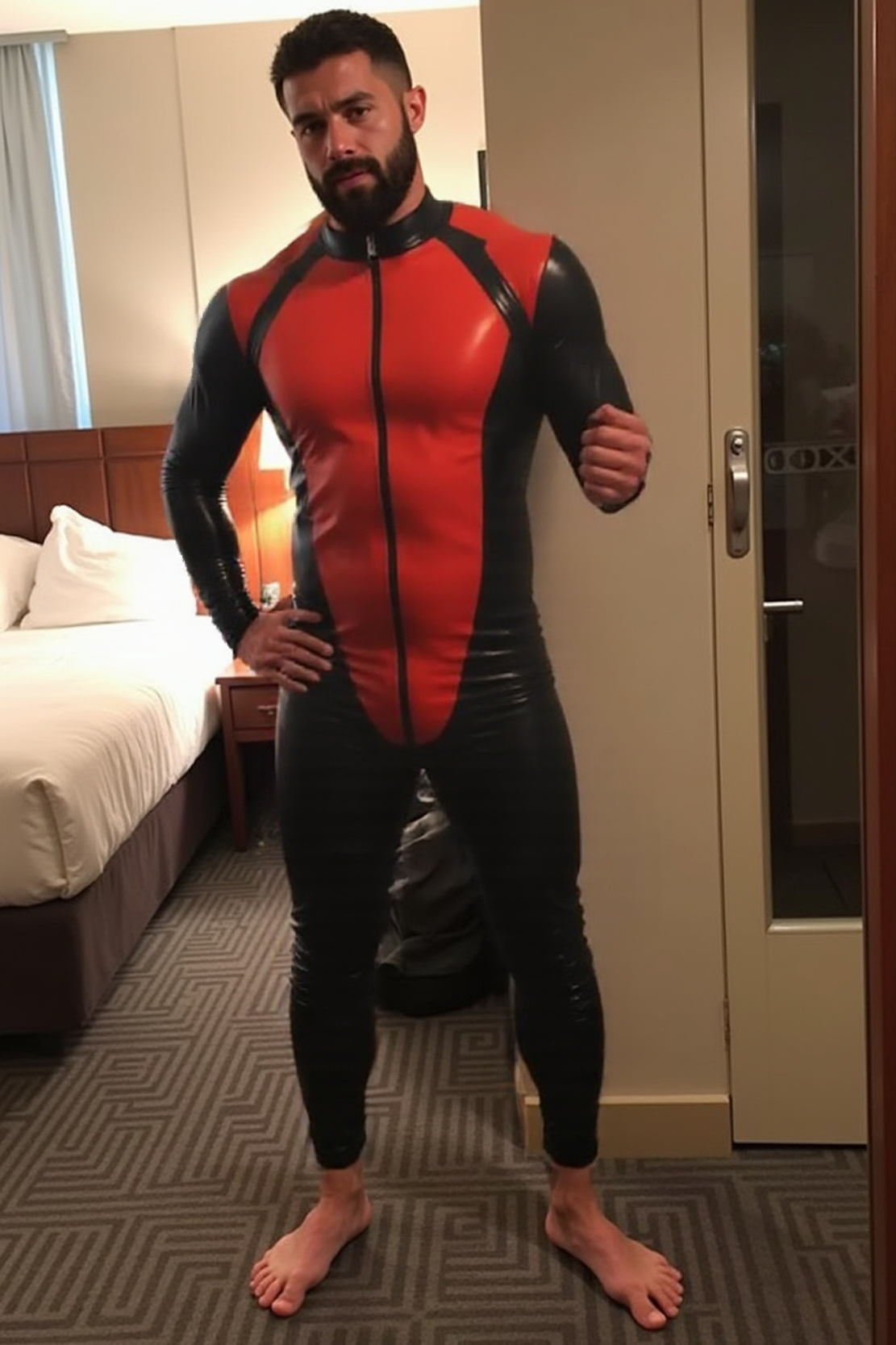 Joylgbt Men's Red and Black Superhero-Inspired Bodysuit with Zipper Closure