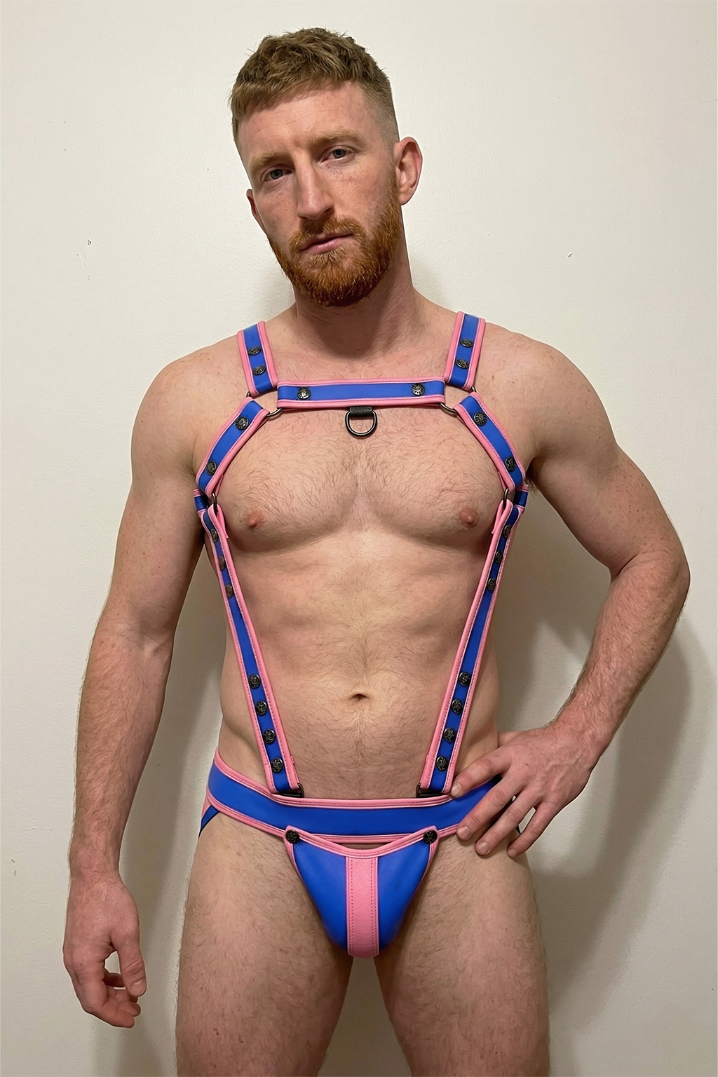 Joylgbt Men's Blue & Pink Contrast Faux Leather Rivet Harness and Thong Set