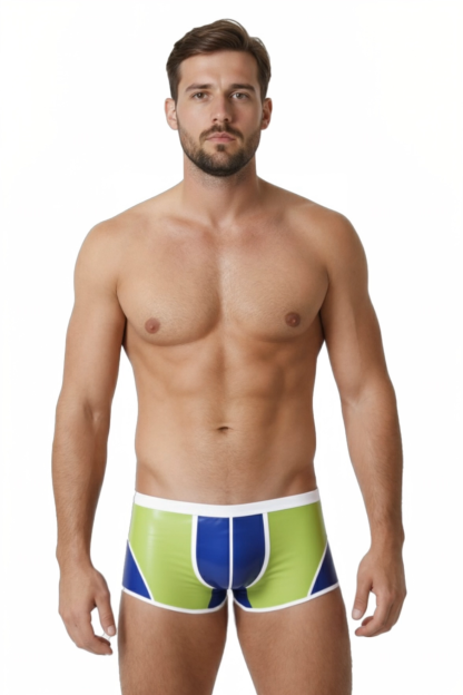 Joylgbt‘s Men's Cyber-Vivid Liquid-Shine Trunks – Neon Lime & Cobalt