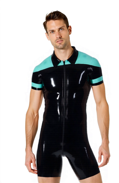 JoyLGBT Men's Faux Leather Bodysuit – Mint Green & Black Short Sleeve Zipper Romper