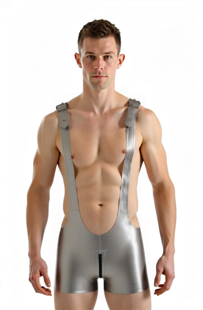Men’s Faux Leather Silver Harness Bodysuit – Shiny Suspender Romper with Front & Back Zippers, Sexy Gay Clubwear