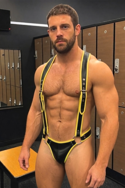 Men’s Black Yellow PU Leather Suspender Harness & Low-Rise Brief Set 