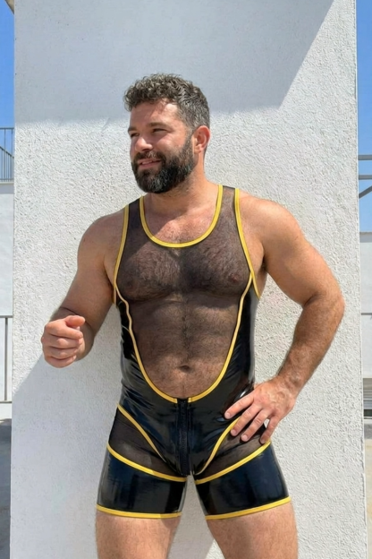 Joylgbt Men’s "Circuit-Mesh" Dual-Zip Bodysuit – High-Shine Black & Neon Yellow