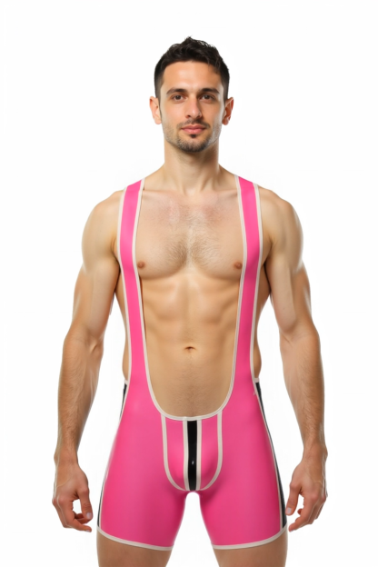 Joylgbt Men's High-Shine Patent PVC Wrestling Singlet - Hot Pink Wet Look