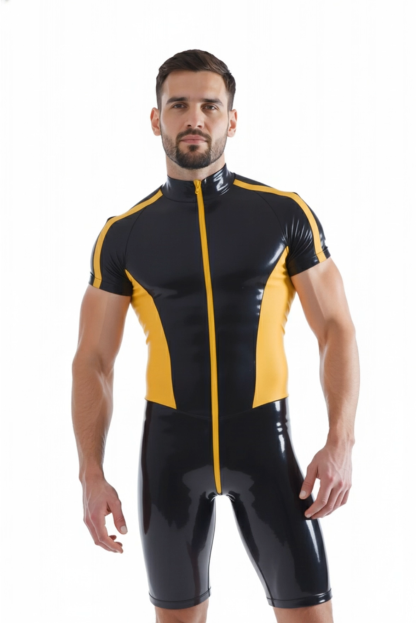 Joylgbt's Men's Shiny PVC Leather Short Sleeve Bodysuit – Yellow & Black Zip-Up Fetish Romper