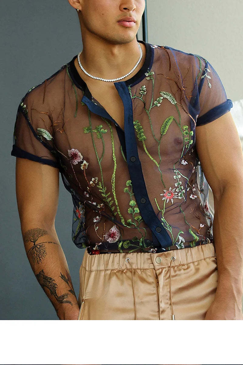 Men's Sheer Floral Embroidery Short Sleeve Shirt