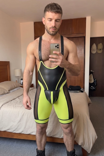 Joylgbt‘s Men’s Neon PU Leather Singlet - Athletic Mesh Leotard