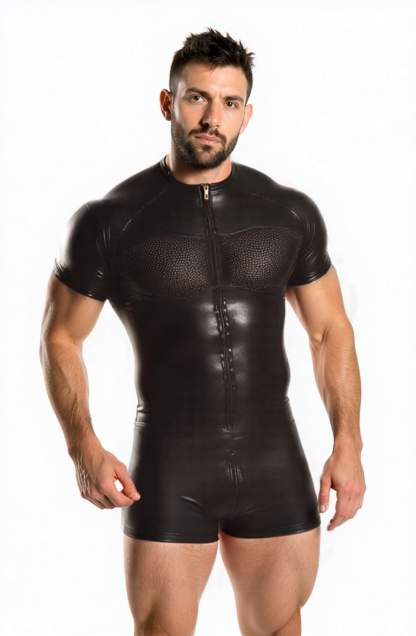 Men’s Faux Leather Bodysuit with Mesh Panels