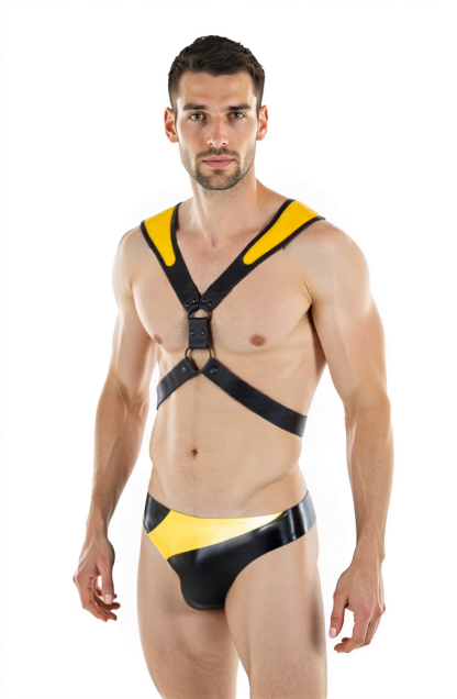 Joylgbt Men's Black & Yellow Patent-Look Harness & Briefs Set