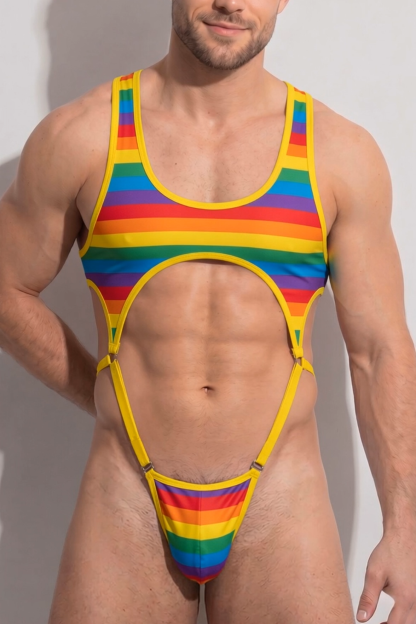 Joylgbt Men's Rainbow Stripe Cutout One-Piece Harness Bodysuit 