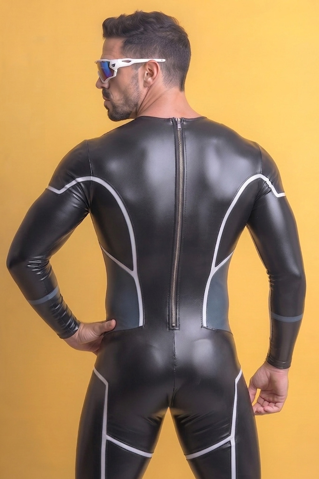 Joylgbt Men’s Black Glossy Long Sleeve Bodysuit +Harness Set