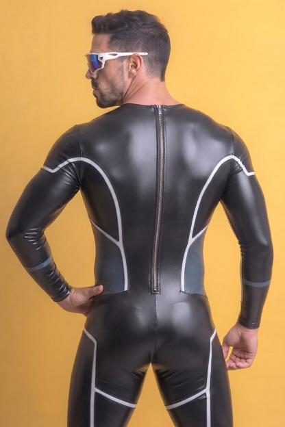 Joylgbt Men’s Black Glossy Long Sleeve Bodysuit +Harness Set