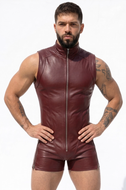 Joylgbt Men’s Burgundy Faux Leather Sleeveless Zip Romper