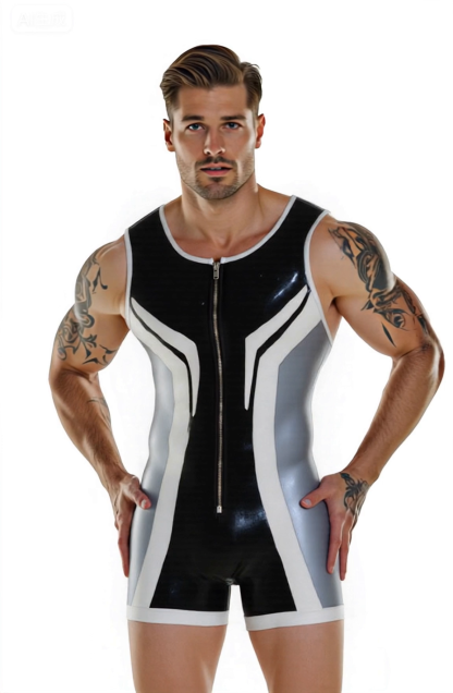 Joylgbt's Men’s Open Back PU Leather Singlet – Black & Grey with Red Trim Design