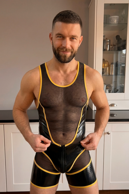 Joylgbt Men’s "Circuit-Mesh" Dual-Zip Bodysuit – High-Shine Black & Neon Yellow