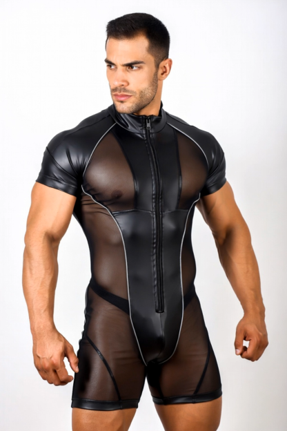 Men’s Black PU Leather Mesh Panel Short Sleeve Bodysuit Front Zip Slim Party Stagewear