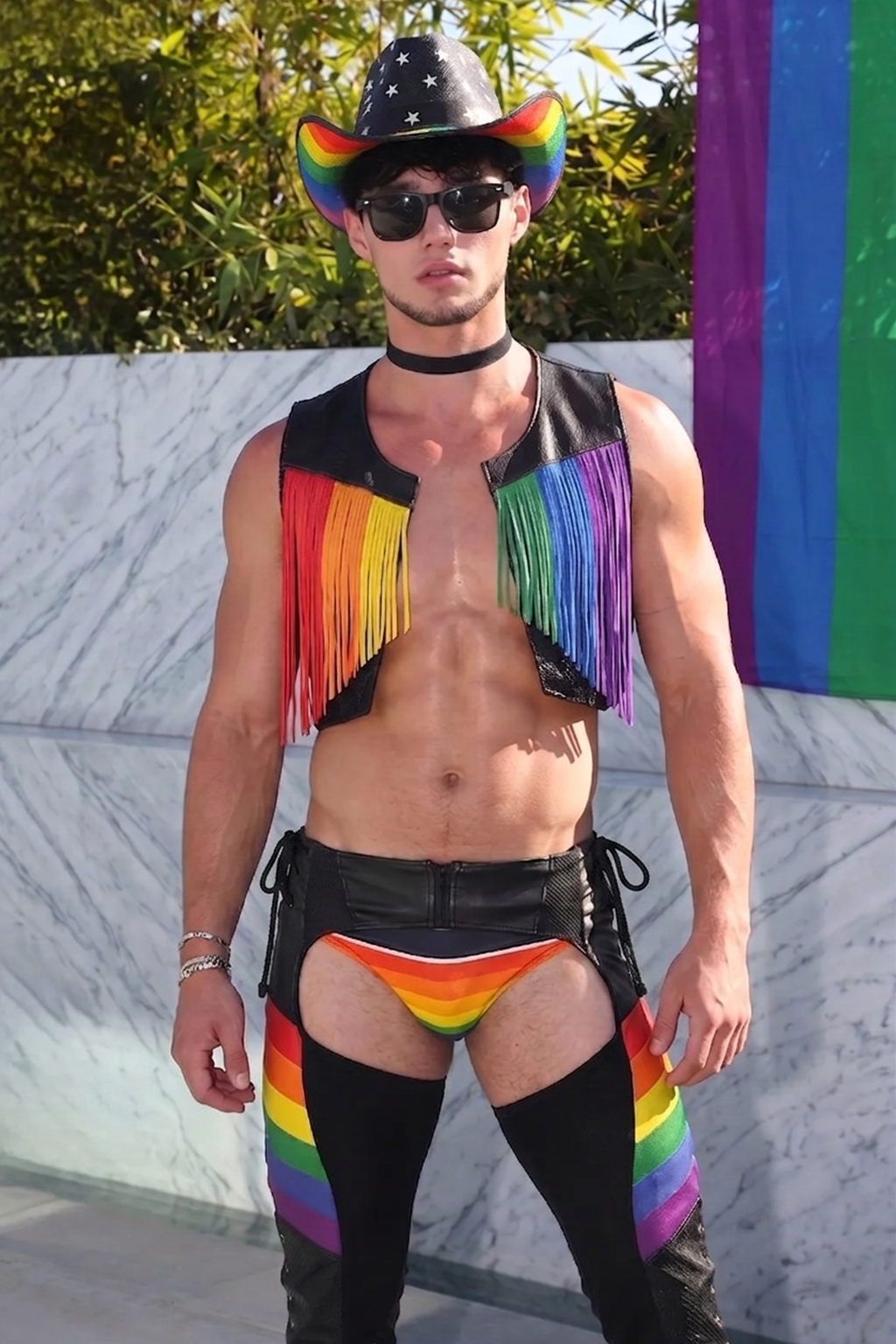 Joylgbt Men's Rainbow Fringe Biker Party Set（ Without Hat ）