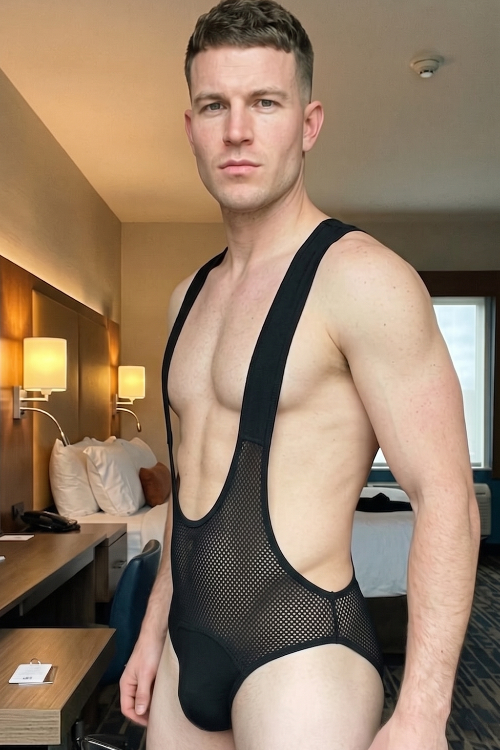 Joylgbt Men’s Black Deep-V Mesh Bodysuit (Breathable, Body-Enhancing)