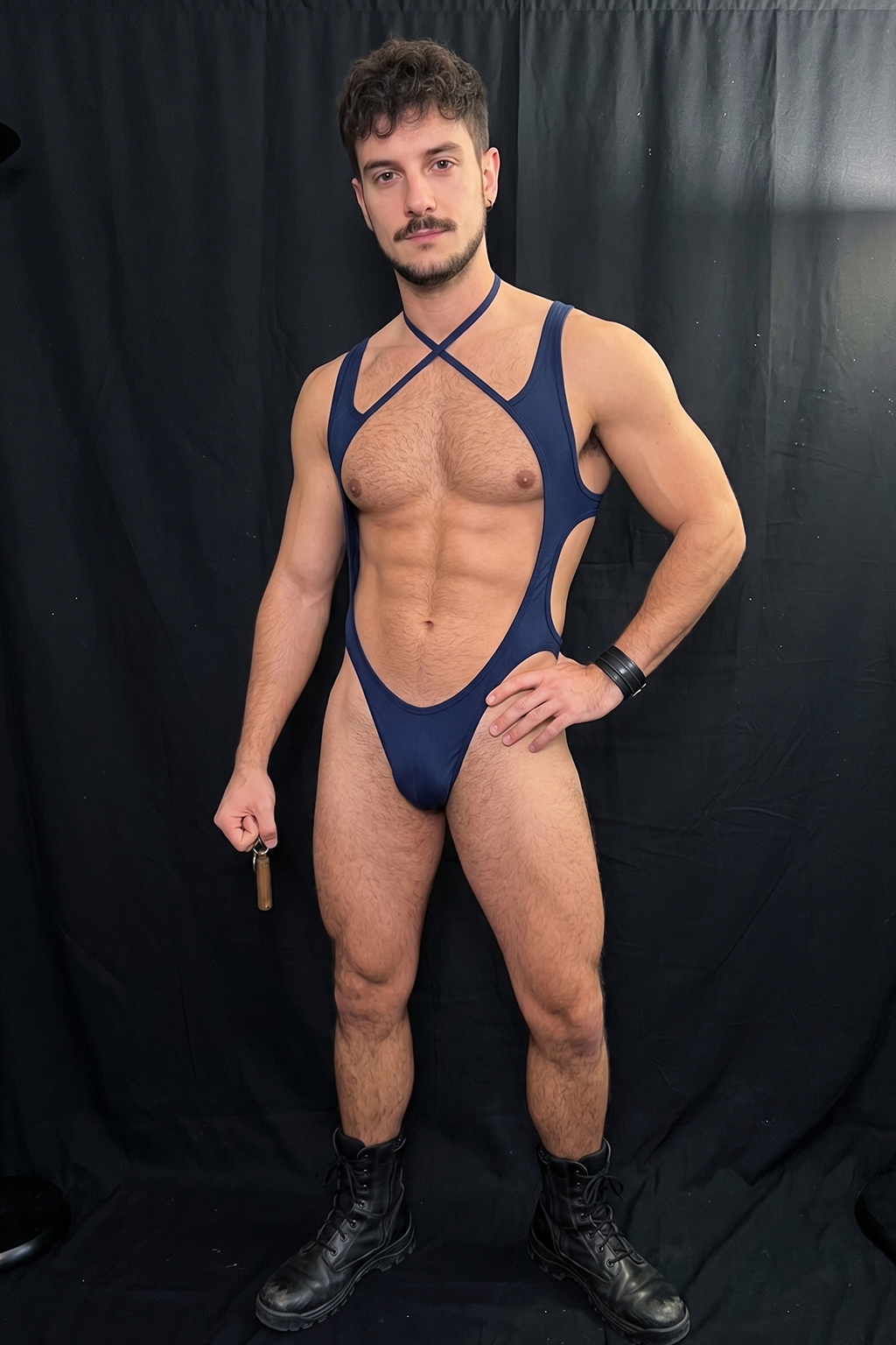 Joylgbt Men's Navy Cross-Strap Deep-U Cutout Bodysuit