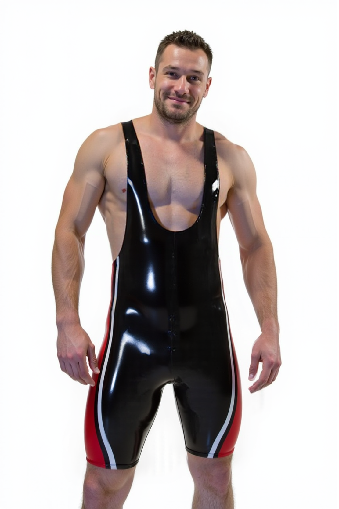 Joylgbt Men’s Shiny PU-Look Singlet – Black with Red Side Panels