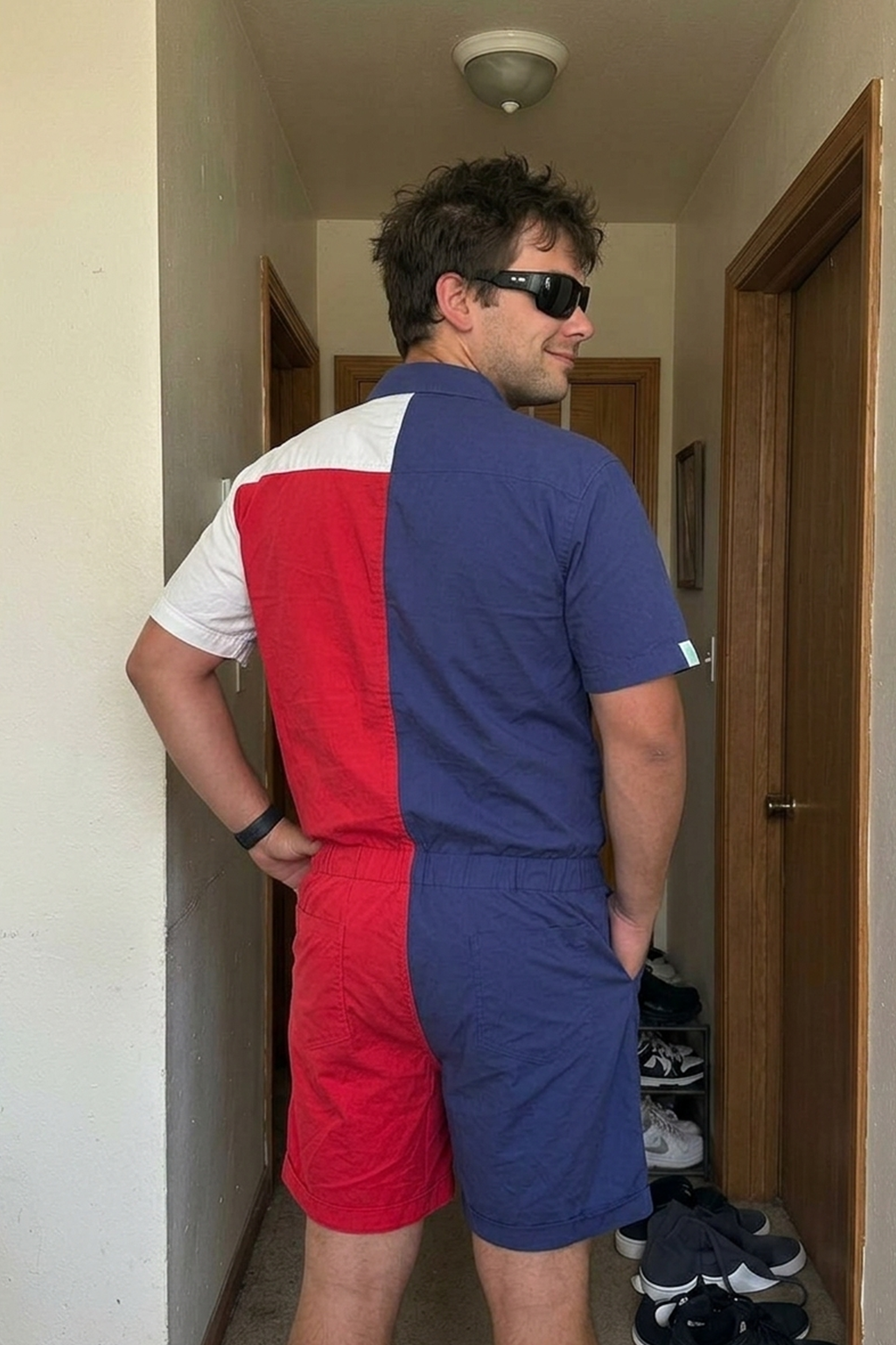 Joylgbt Men's American Colorblock Short-Sleeve Collared Romper (Star Panel)
