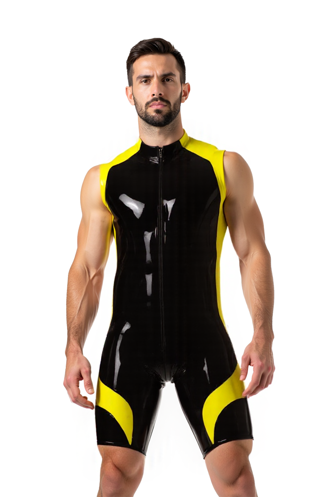 Joylgbt Men’s High-Neck PU Singlet Bodysuit – Glossy Black with Yellow Accents