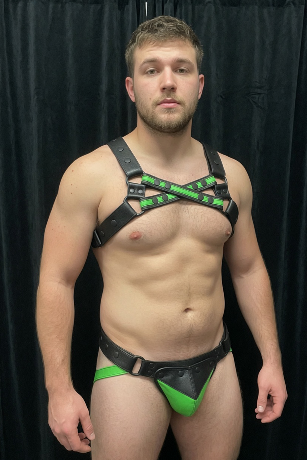 Joylgbt‘s Neon Beast: Black & Lime Green Contrast Faux Leather X-Harness Set - Wild Control