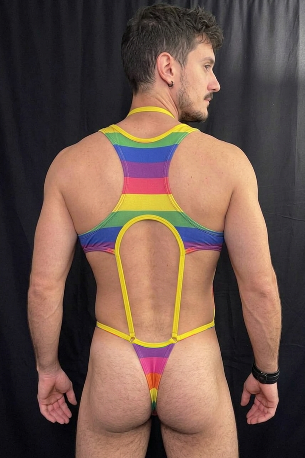 Joylgbt Men's Rainbow Stripe Deep-V Cutout Bodysuit (Cross-Neck Strap)