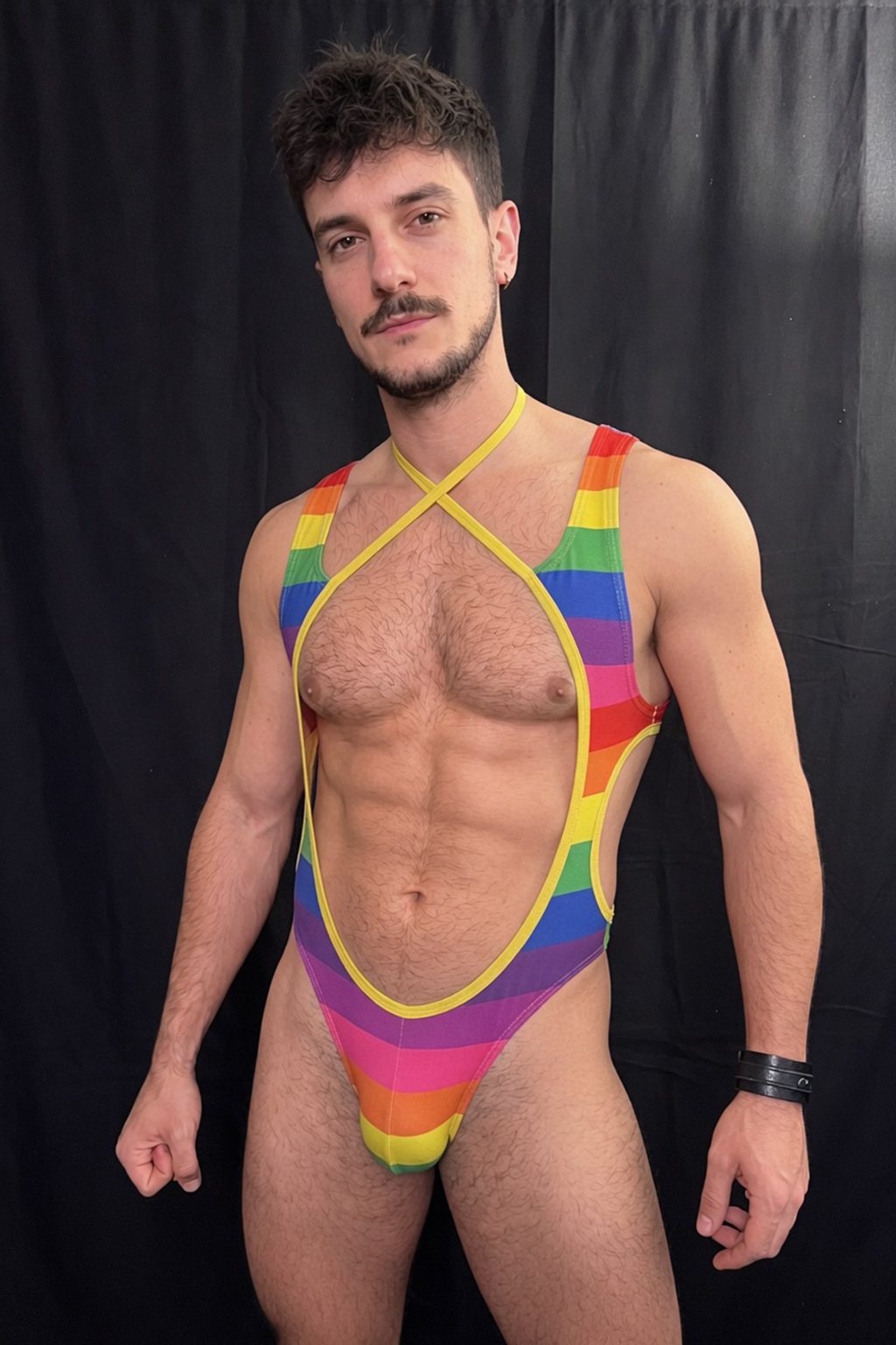 Joylgbt Men's Rainbow Stripe Deep-V Cutout Bodysuit (Cross-Neck Strap)